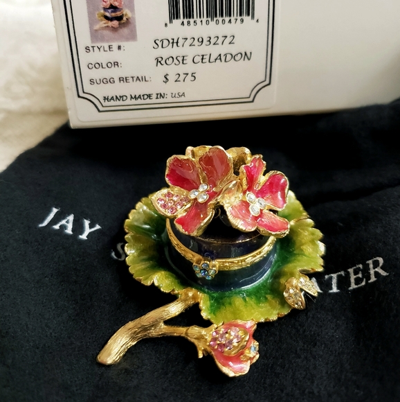 MIB Retired JAY STRONGWATER Handpainted Enamel Swarovski 14k Geranium Box Flora - Picture 2 of 9